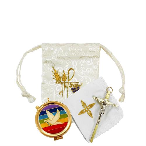 WHITE SATIN EMBROIDERED CASE WITH DECORATIVE PLAQUE PYX